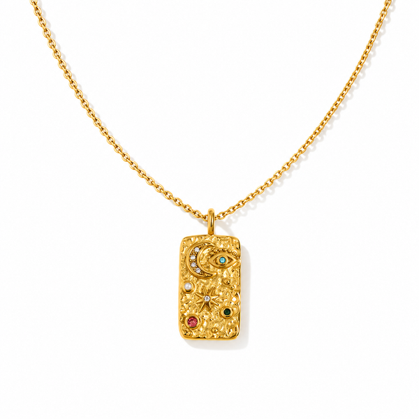 Gold PVD textured eye pendant necklace with coloured stone details on a fine chain.