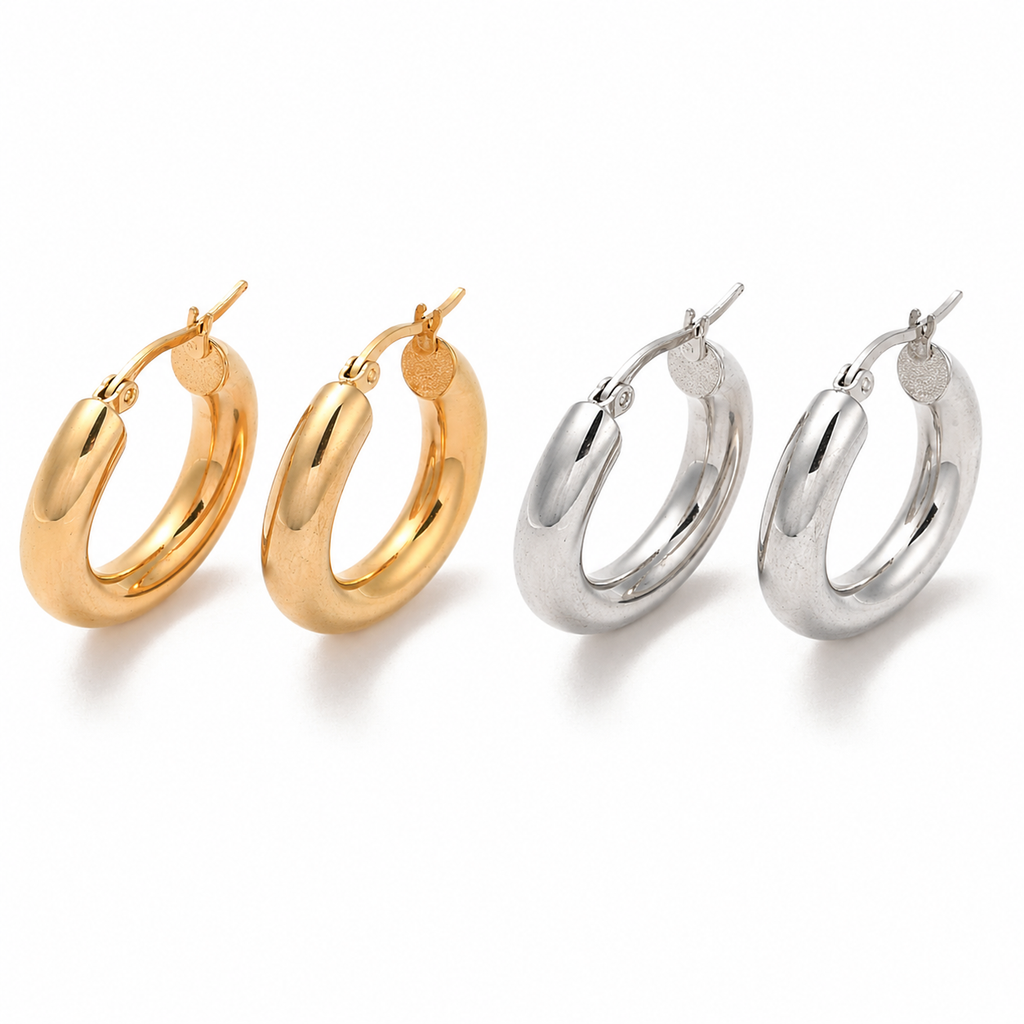 Chunky contour hoop earrings in gold and silver with a smooth polished finish