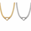 Chunky curb chain necklace with open heart pendant in gold and silver stainless steel on neutral background