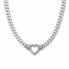 Chunky curb chain necklace with open heart pendant in gold and silver stainless steel on neutral background