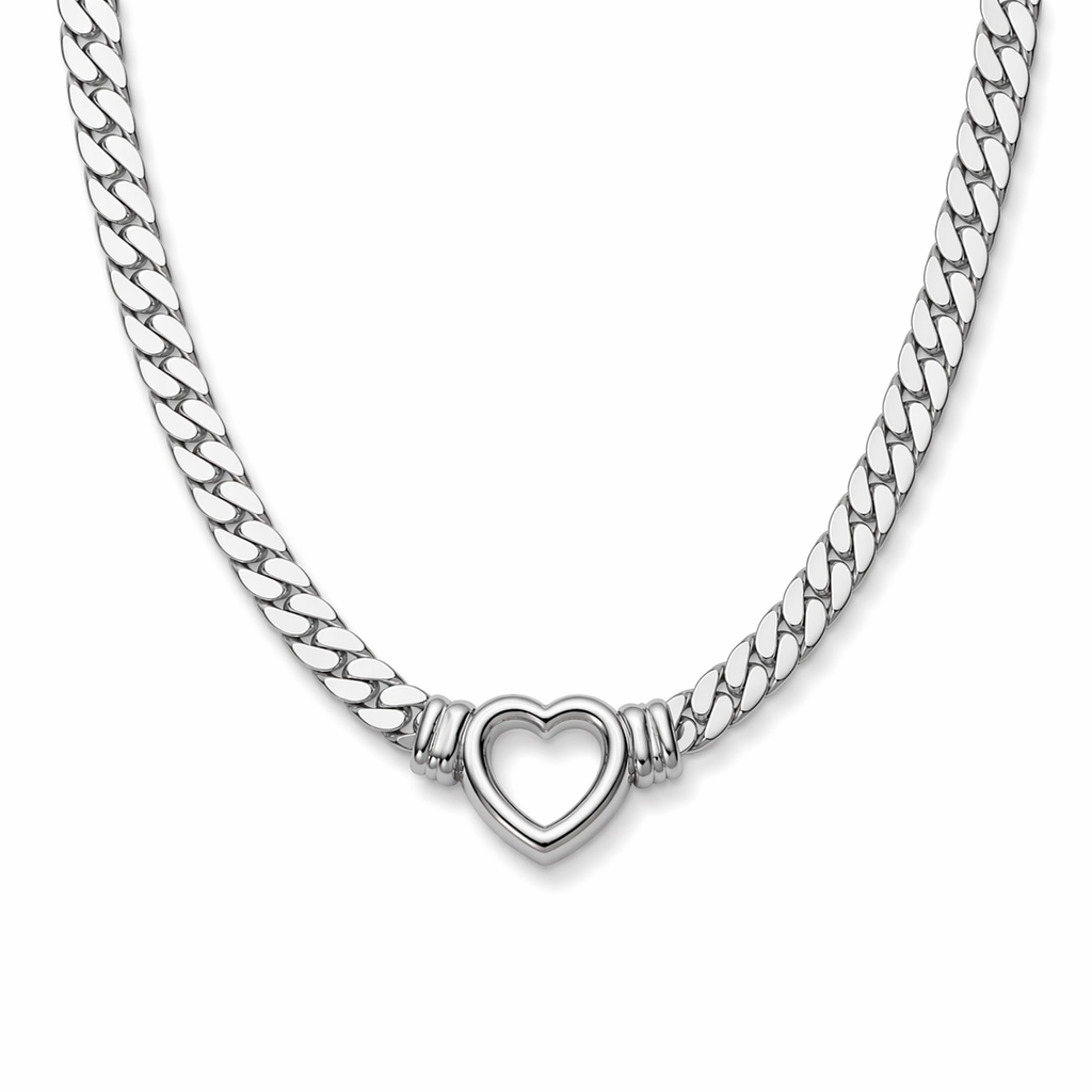 Chunky curb chain necklace with open heart pendant in gold and silver stainless steel on neutral background