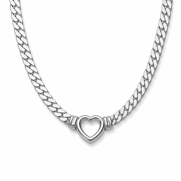 Chunky curb chain necklace with open heart pendant in gold and silver stainless steel on neutral background