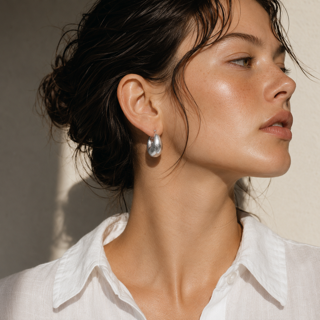 Gold and silver dome hoop earrings with a brushed texture and rounded sculptural shape, shown on a white background.