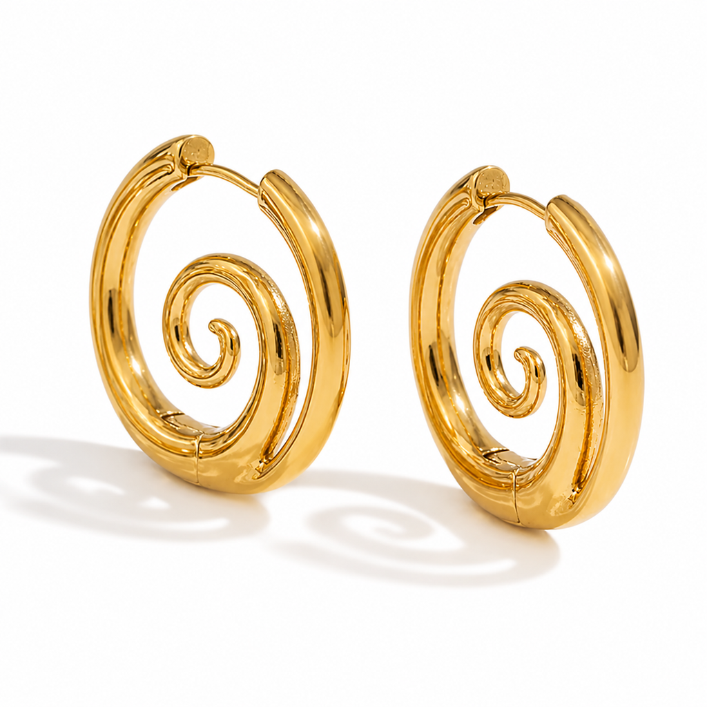 Gold and silver spiral hoop earrings with a sculptural halo design, 26.8mm diameter, on a clean white background.