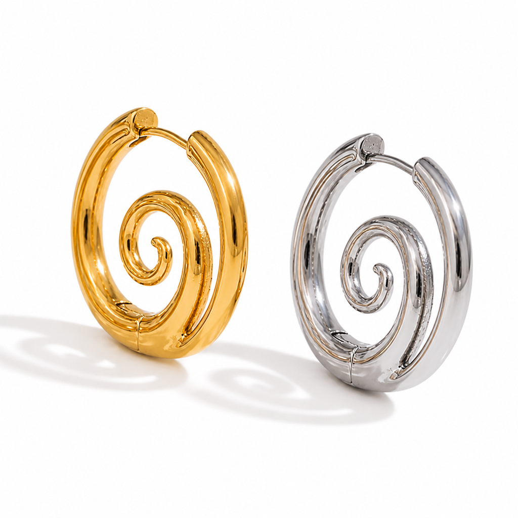 Gold and silver spiral hoop earrings with a sculptural halo design, 26.8mm diameter, on a clean white background.