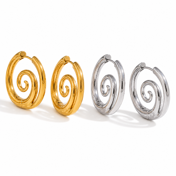 Gold and silver spiral hoop earrings with a sculptural halo design, 26.8mm diameter, on a clean white background.