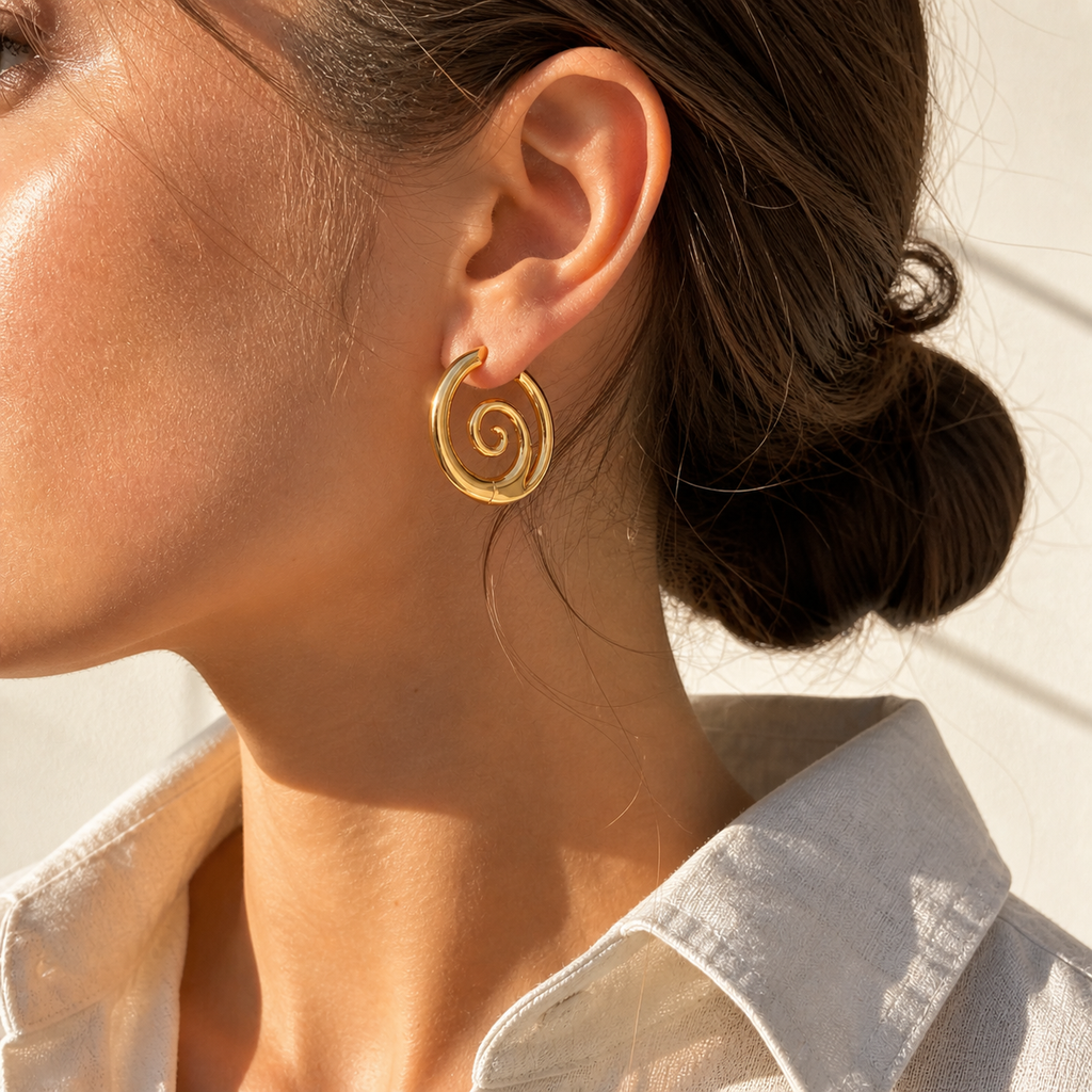 Gold and silver spiral hoop earrings with a sculptural halo design, 26.8mm diameter, on a clean white background.