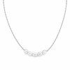 Lagoon pearl necklace with five organic pearls spaced along a fine stainless steel chain, available in gold and silver, worn at collarbone length.