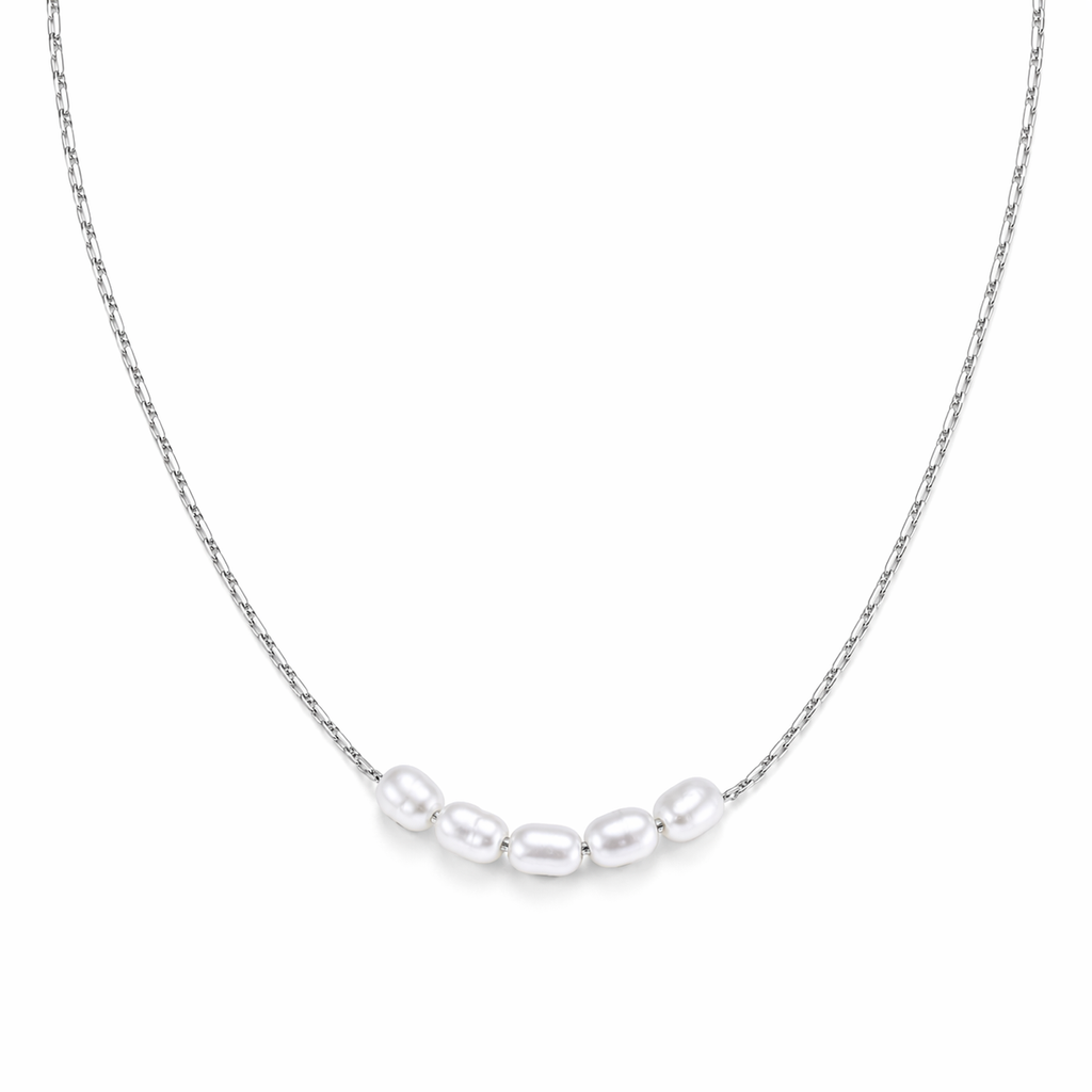 Lagoon pearl necklace with five organic pearls spaced along a fine stainless steel chain, available in gold and silver, worn at collarbone length.