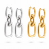 Gold and silver chain-link drop earrings with polished finish and huggie hoop closure on white background.
