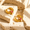 Gold huggie earrings with multi-colour stacked gemstone drop, 17mm hoop and 22mm total length.