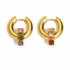 Gold huggie earrings with multi-colour stacked gemstone drop, 17mm hoop and 22mm total length.