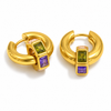Gold huggie earrings with multi-colour stacked gemstone drop, 17mm hoop and 22mm total length.