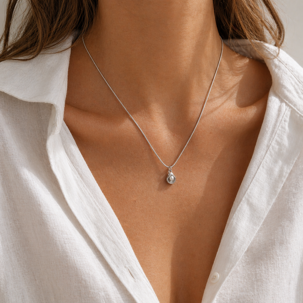 pearl shell pendant necklace stainless steel waterproof everyday jewellery gold pvd option