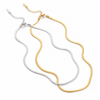 Gold flat 3mm chain necklace worn on neck with smooth reflective finish, minimal modern jewellery style