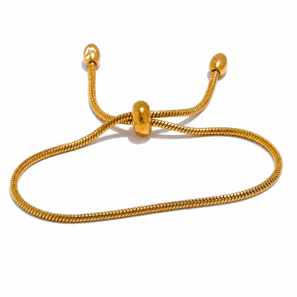 Adjustable snake chain bracelet with sliding clasp in gold and silver stainless steel on white background