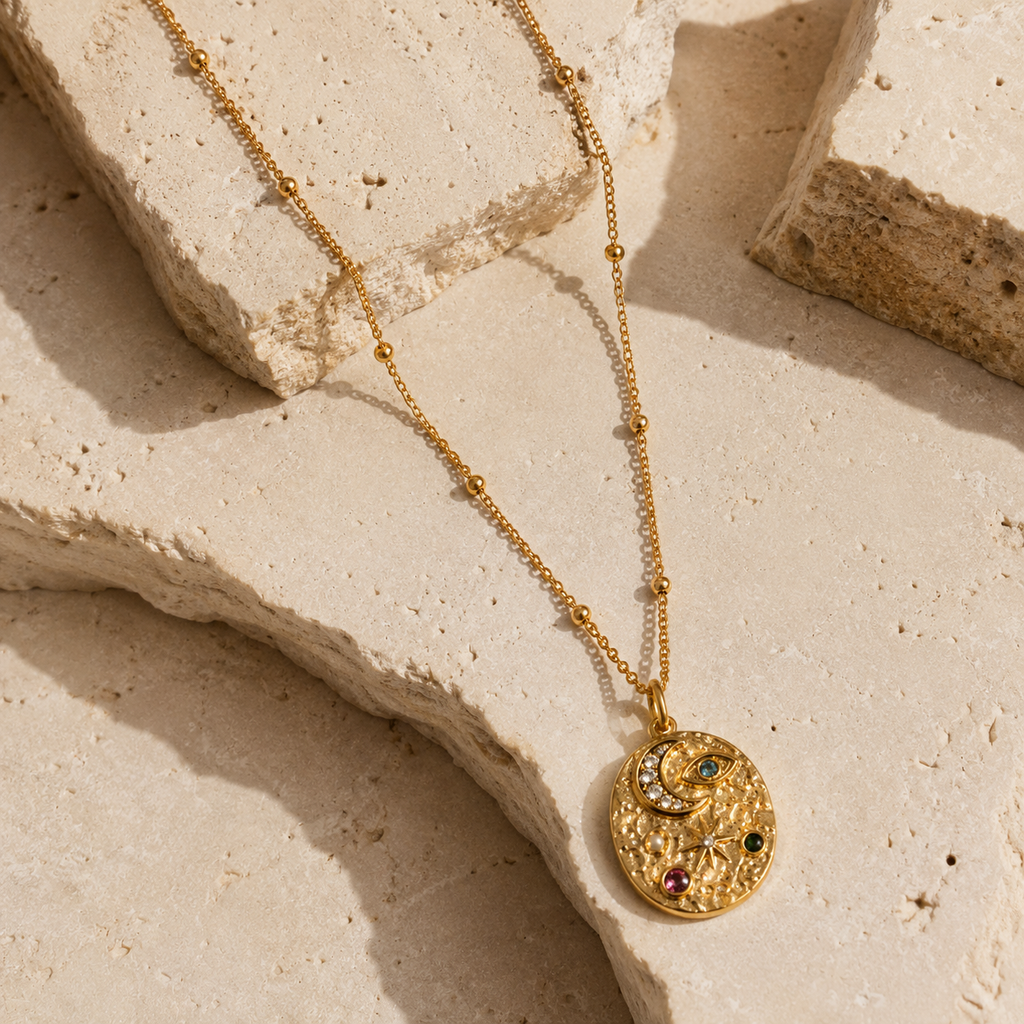 Gold celestial medallion pendant necklace featuring eye, moon and star detailing with coloured gemstones on a fine beaded chain.