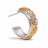 Gold and silver celestial hoop earrings with sun, moon and star detailing on a textured wide band, waterproof and ocean-proof, 20mm diameter.