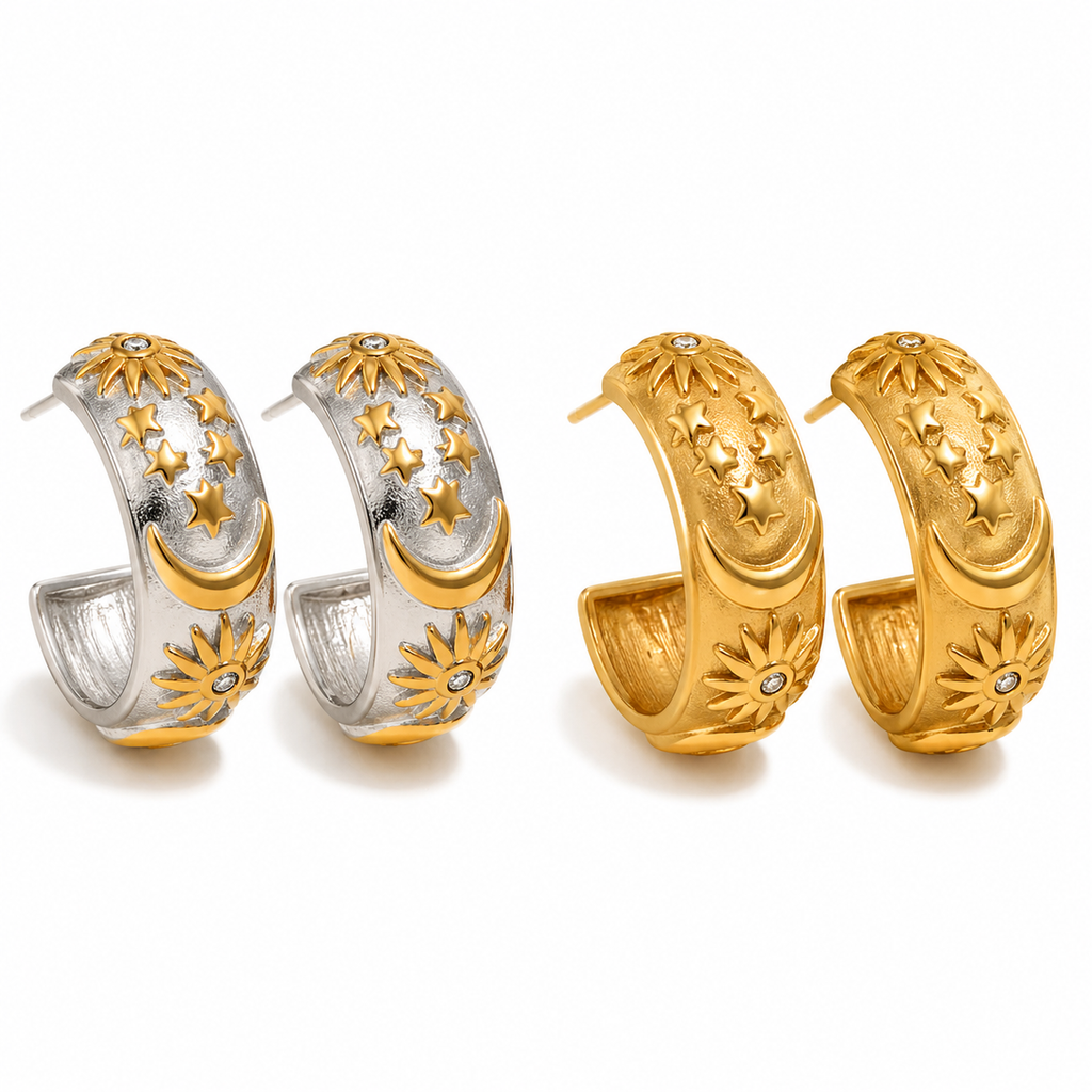 Gold and silver celestial hoop earrings with sun, moon and star detailing on a textured wide band, waterproof and ocean-proof, 20mm diameter.