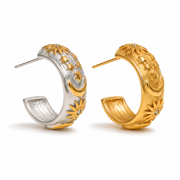 Gold and silver celestial hoop earrings with sun, moon and star detailing on a textured wide band, waterproof and ocean-proof, 20mm diameter.