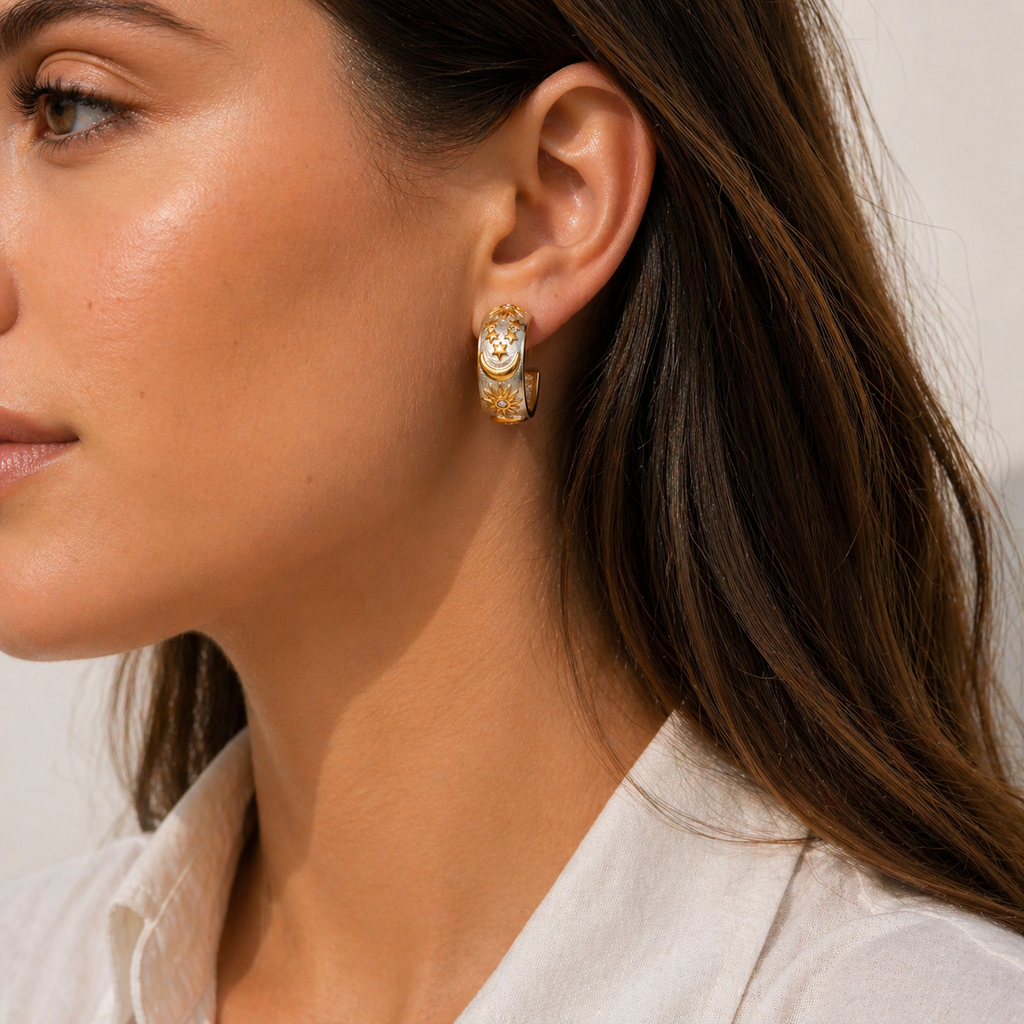 Gold and silver celestial hoop earrings with sun, moon and star detailing on a textured wide band, waterproof and ocean-proof, 20mm diameter.
