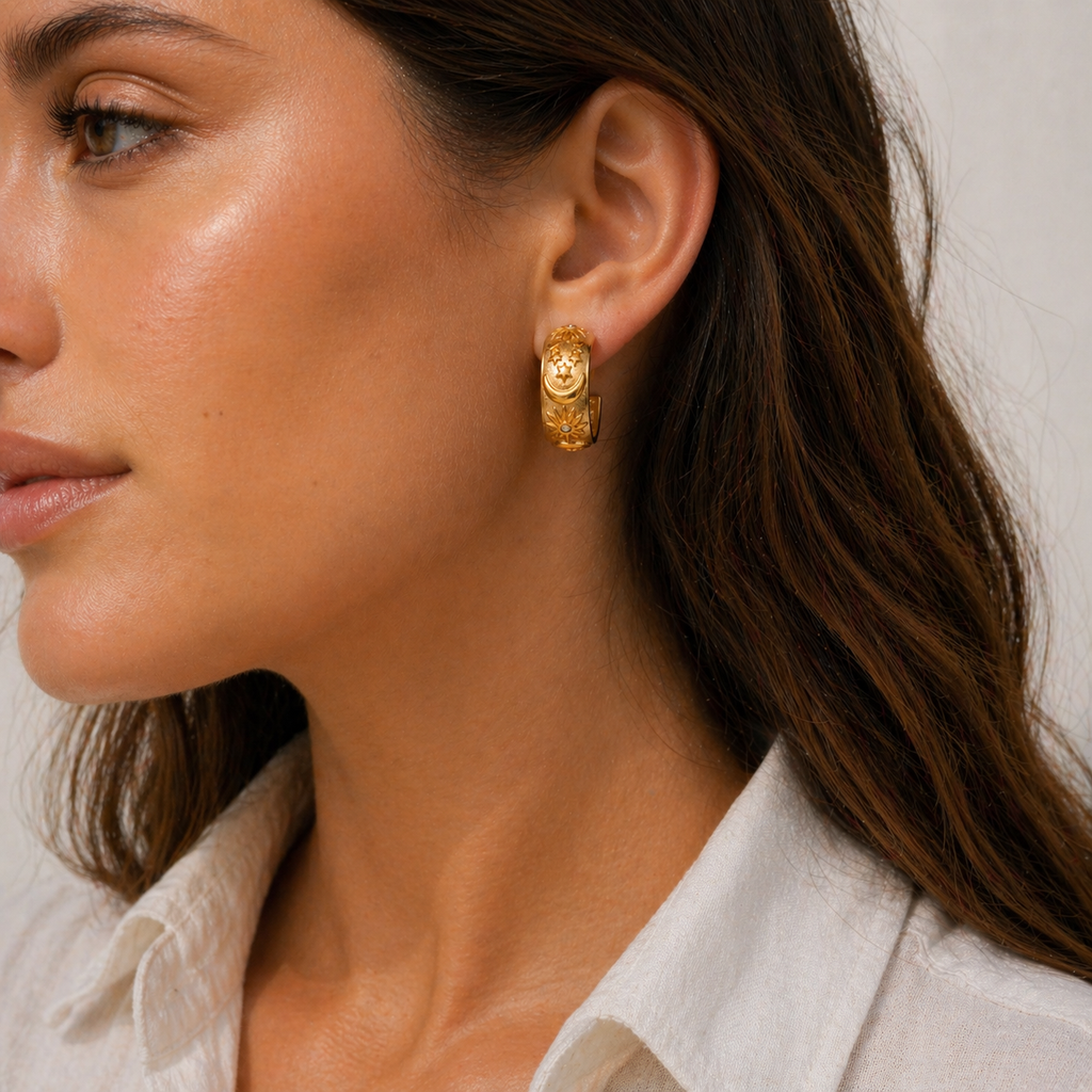 Gold and silver celestial hoop earrings with sun, moon and star detailing on a textured wide band, waterproof and ocean-proof, 20mm diameter.