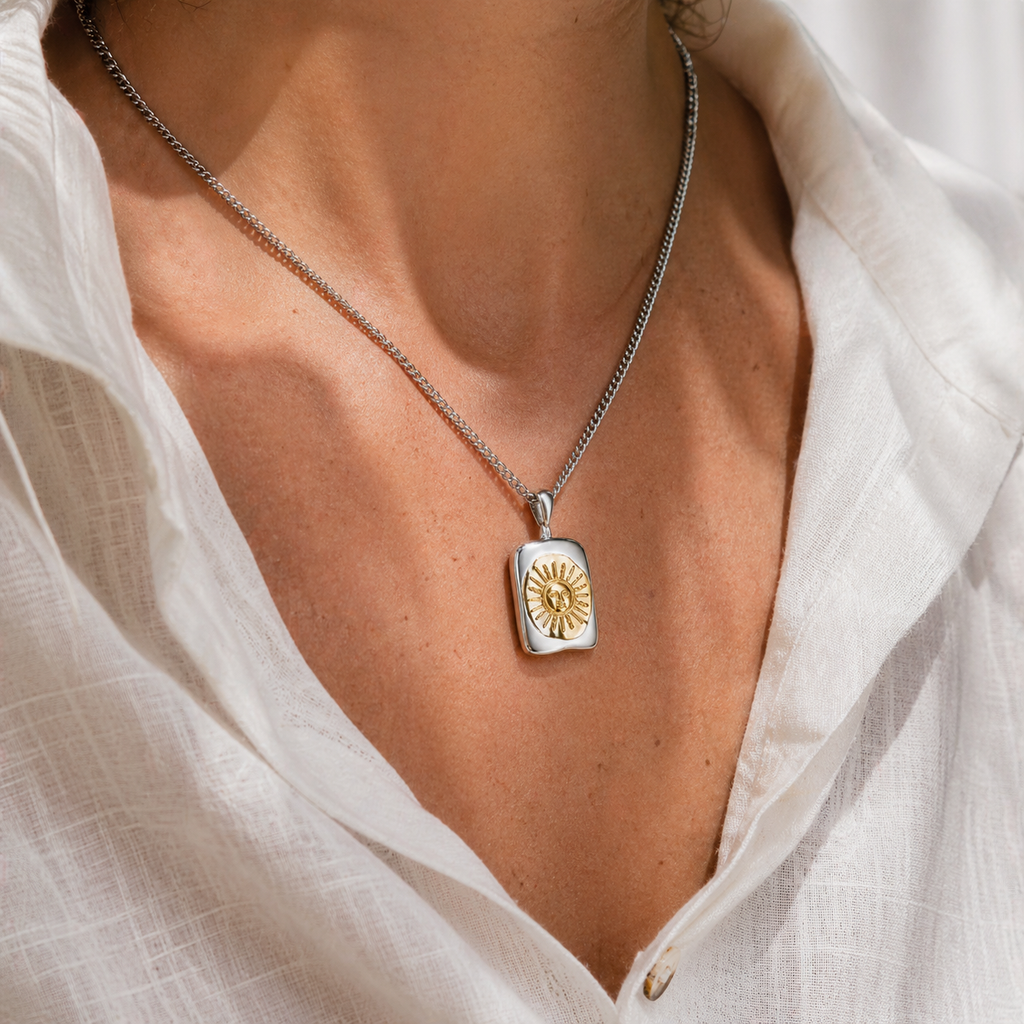 Reversible sun and moon pendant necklace in gold and silver, waterproof stainless steel jewellery