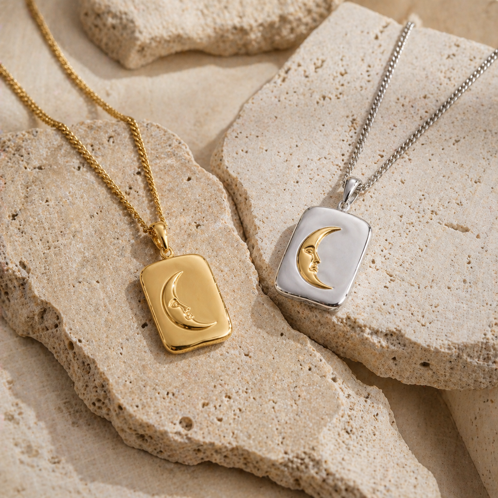 Reversible sun and moon pendant necklace in gold and silver, waterproof stainless steel jewellery