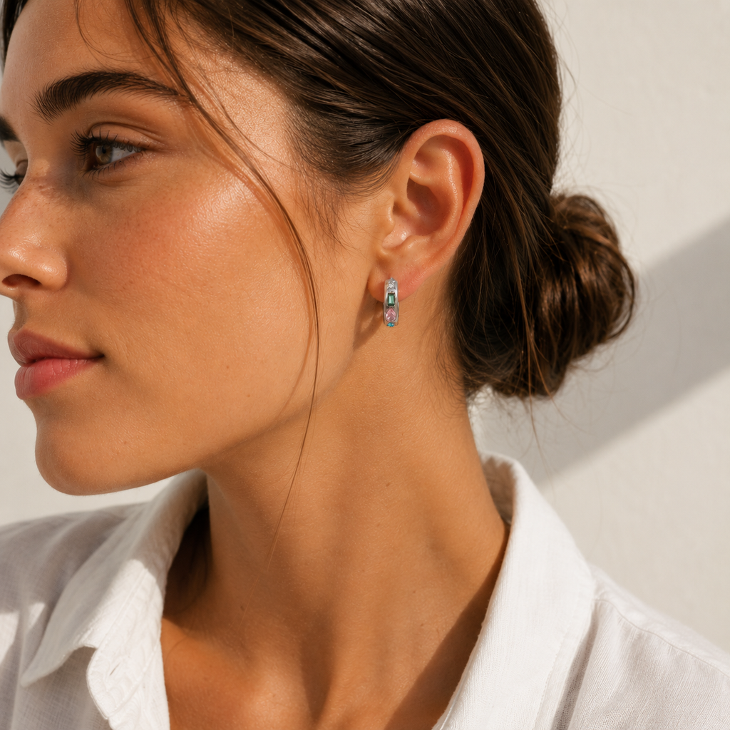 Gold and silver huggie earrings with colourful gemstone settings including green, pink, and blue stones with a star detail.