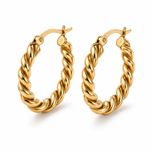Twisted rope hoop earrings in gold and silver, 2.4cm diameter with a thick textured design and latch closure.