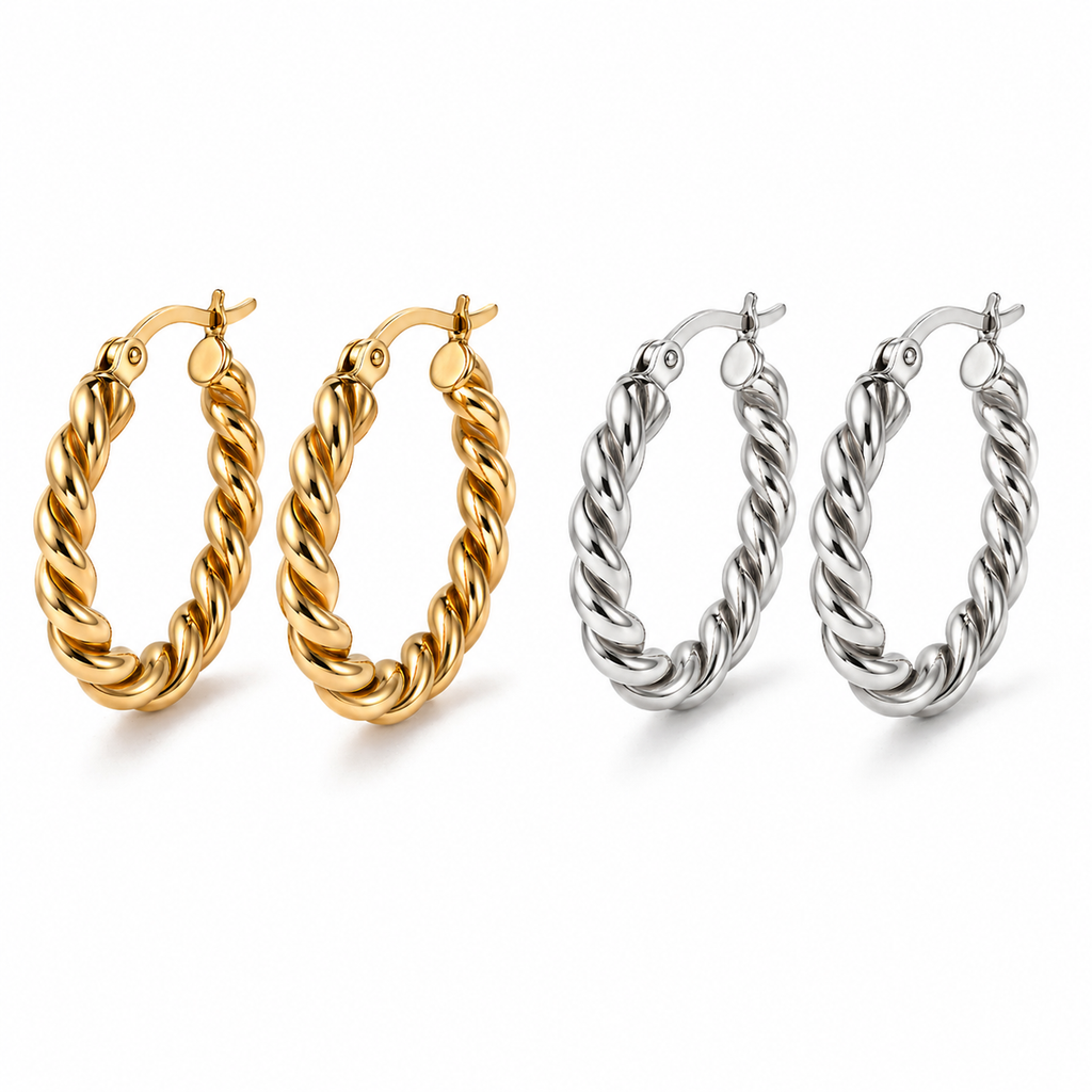 Twisted rope hoop earrings in gold and silver, 2.4cm diameter with a thick textured design and latch closure.