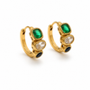 Gold huggie earrings with three stacked stones in green, clear and navy, textured bezel settings, minimal white background