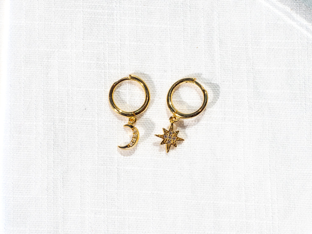 18k Gold Plated Huggie Earrings with Dangling Sun and Moon - Brink and Forbes